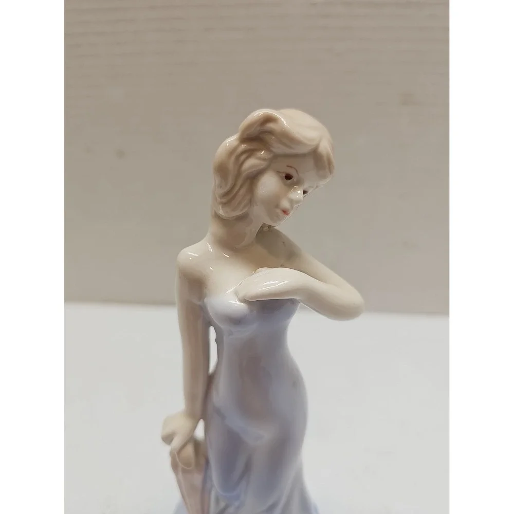 Vintage Ceramic Porcelain Figurine Of Lady In Blue Dress Holding Umbrella 8